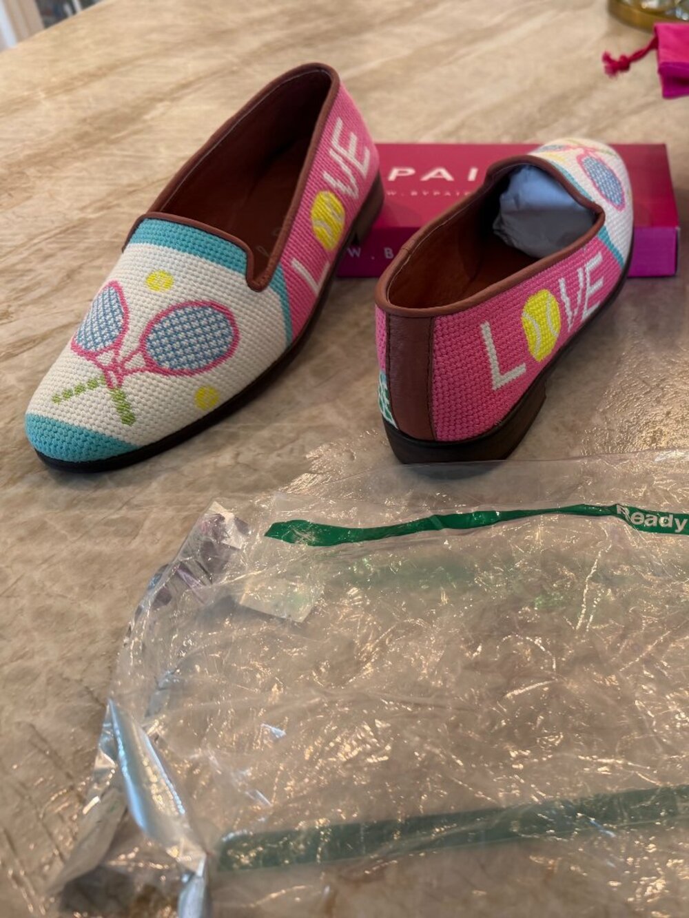PAIGE Pink White Teal Tennis Motif Flats